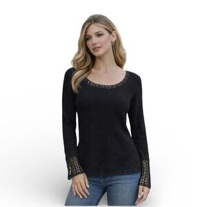 CABLE & GUAGE Black Crochet Trim Knit Top - Whimsigoth Vibe - Long Sleeve - Med